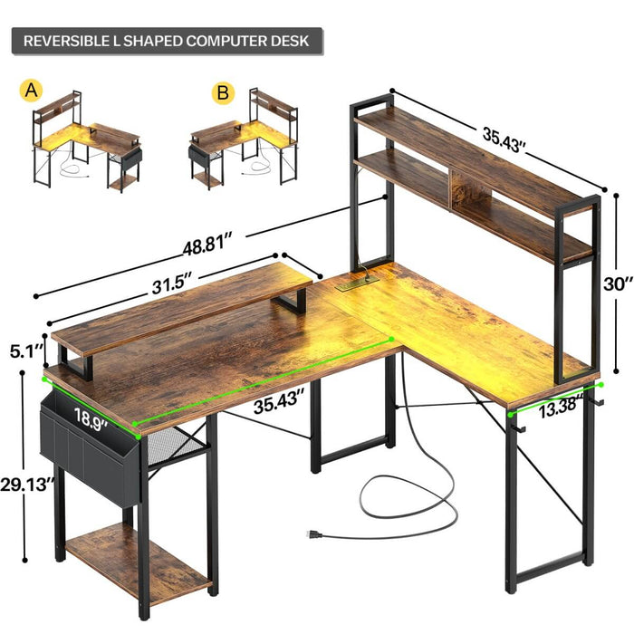 48.8'' Small LShaped Desk with Hutch, LED Lights and Power Outlets
