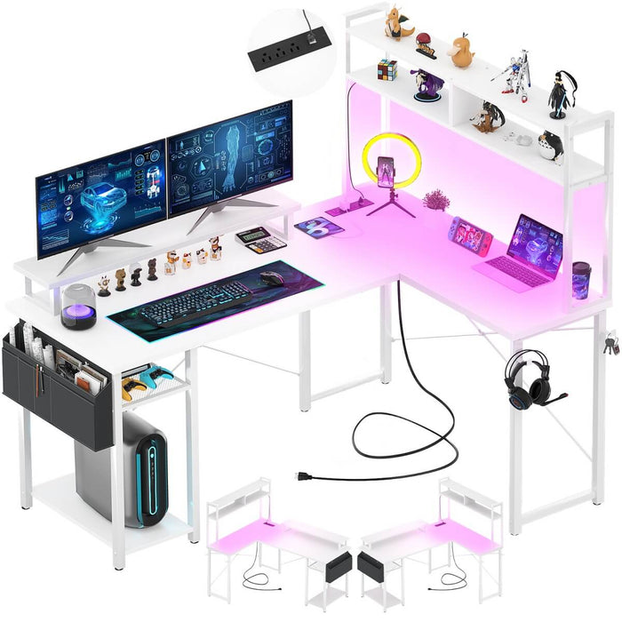 48.8'' Small LShaped Desk with Hutch, LED Lights and Power Outlets