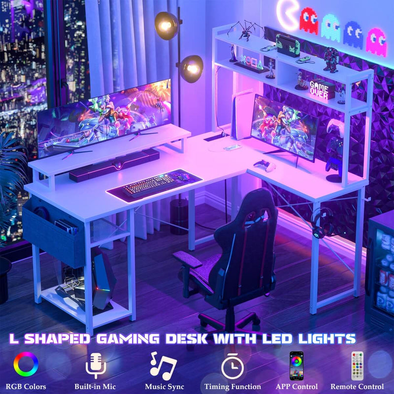 48.8'' Small LShaped Desk with Hutch, LED Lights and Power Outlets