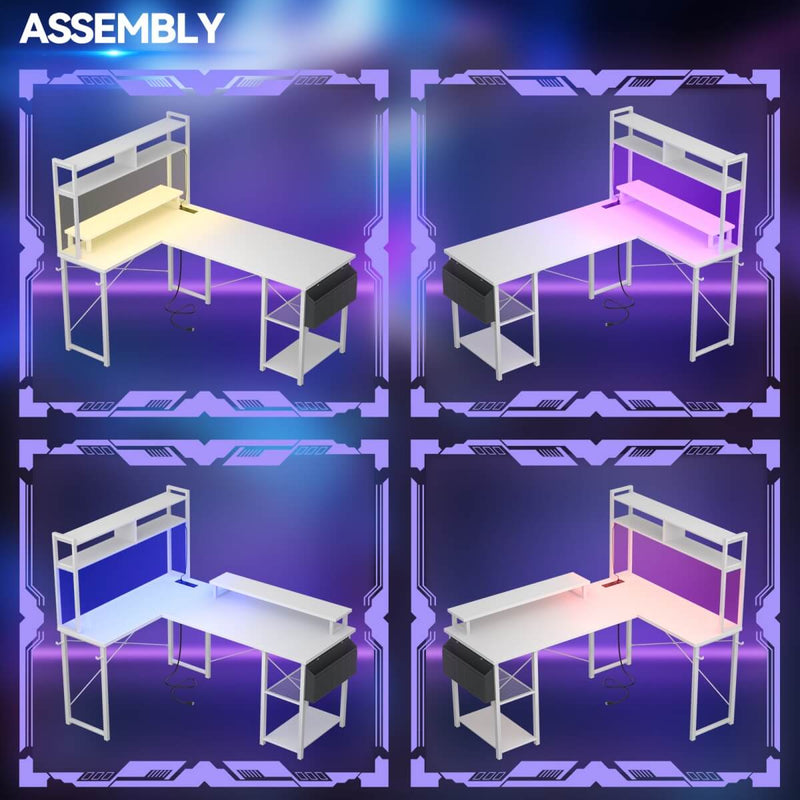 48.8'' Small LShaped Desk with Hutch, LED Lights and Power Outlets