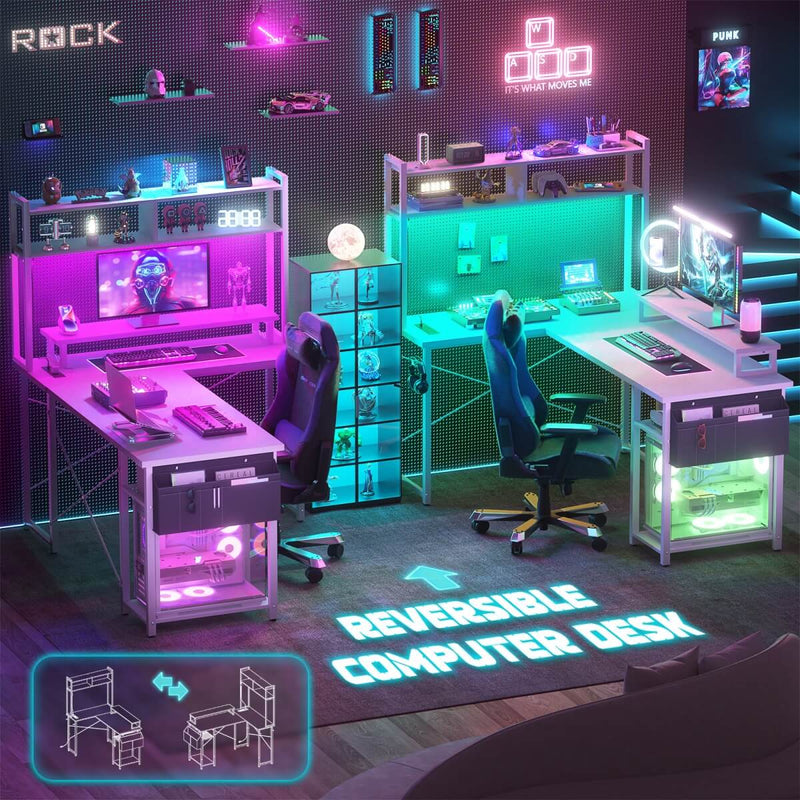 48.8'' Small LShaped Desk with Hutch, LED Lights and Power Outlets