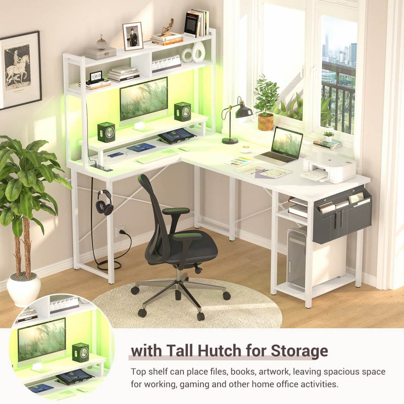 48.8'' Small LShaped Desk with Hutch, LED Lights and Power Outlets