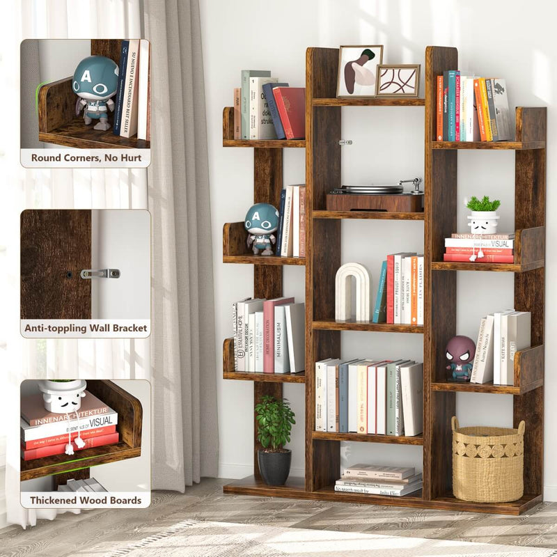 Tree-Shaped Wooden Bookcase Organization Shelf with 13 Compartments