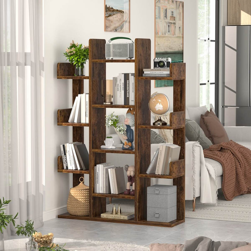 Tree-Shaped Wooden Bookcase Organization Shelf with 13 Compartments