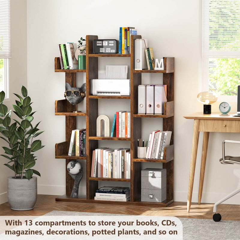 Tree-Shaped Wooden Bookcase Organization Shelf with 13 Compartments
