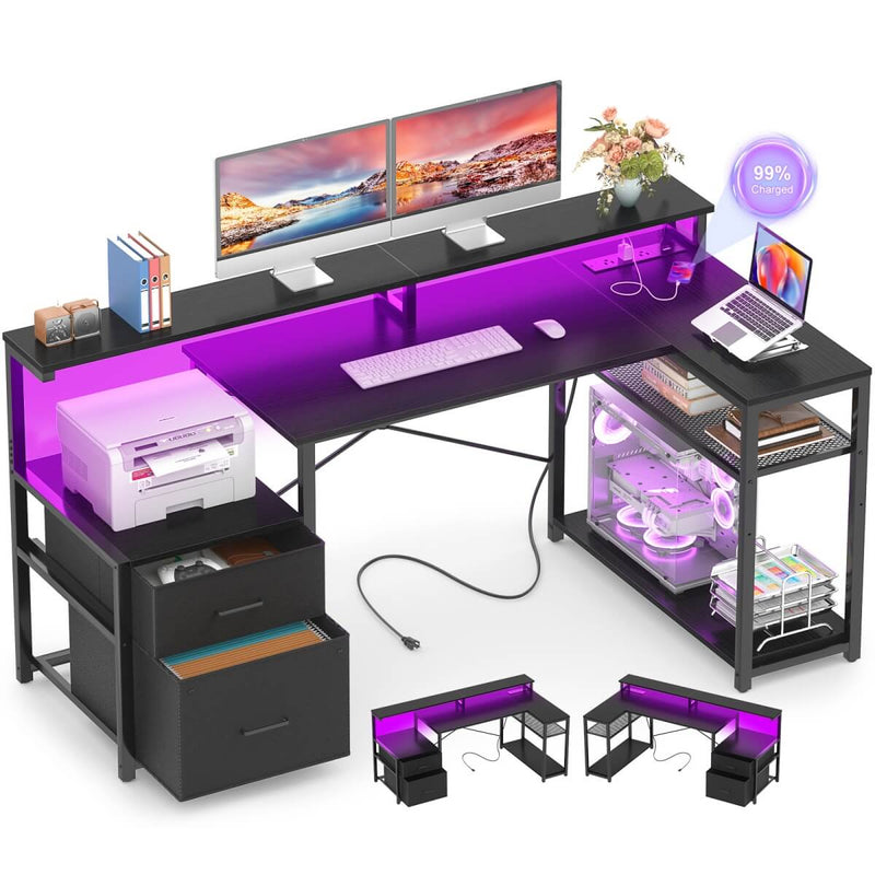L Shaped Desk with File Drawers, Power Outlets & LED Strip, Reversible