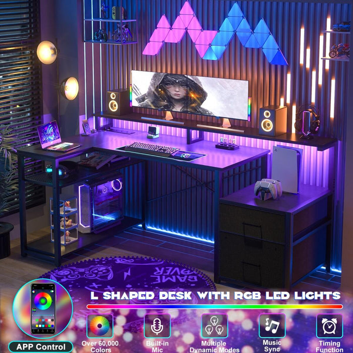 L Shaped Desk with File Drawers, Power Outlets & LED Strip, Reversible