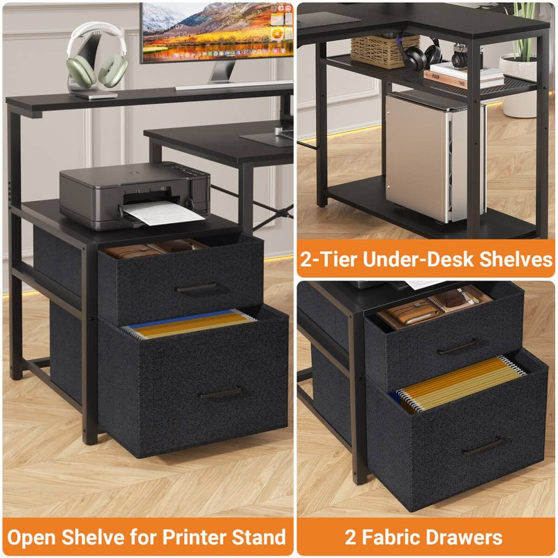 L Shaped Desk with File Drawers, Power Outlets & LED Strip, Reversible
