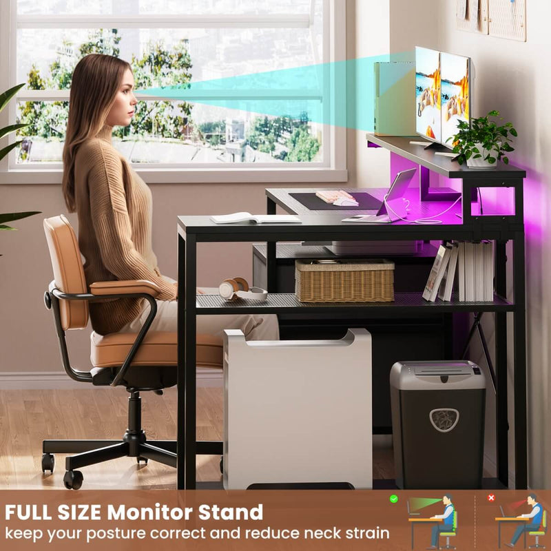L Shaped Desk with File Drawers, Power Outlets & LED Strip, Reversible
