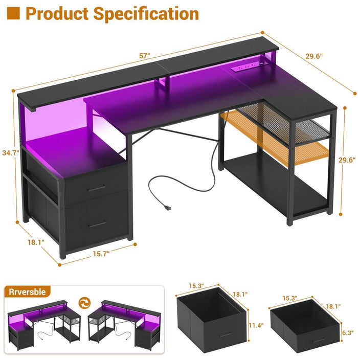 L Shaped Desk with File Drawers, Power Outlets & LED Strip, Reversible