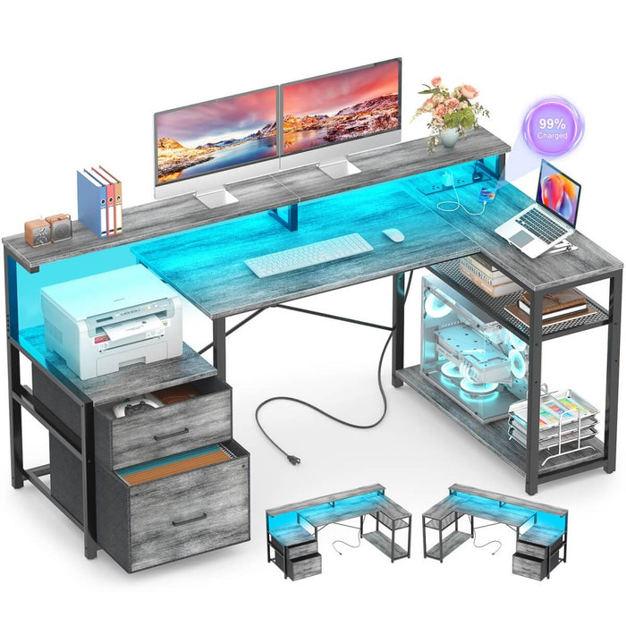 L Shaped Desk with File Drawers, Power Outlets & LED Strip, Reversible