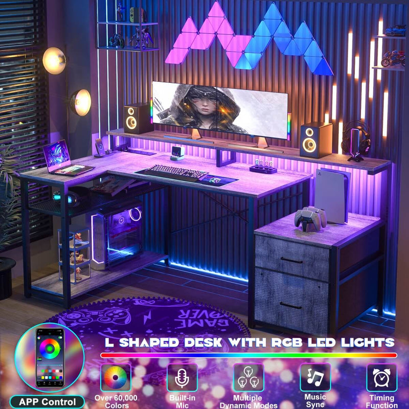L Shaped Desk with File Drawers, Power Outlets & LED Strip, Reversible