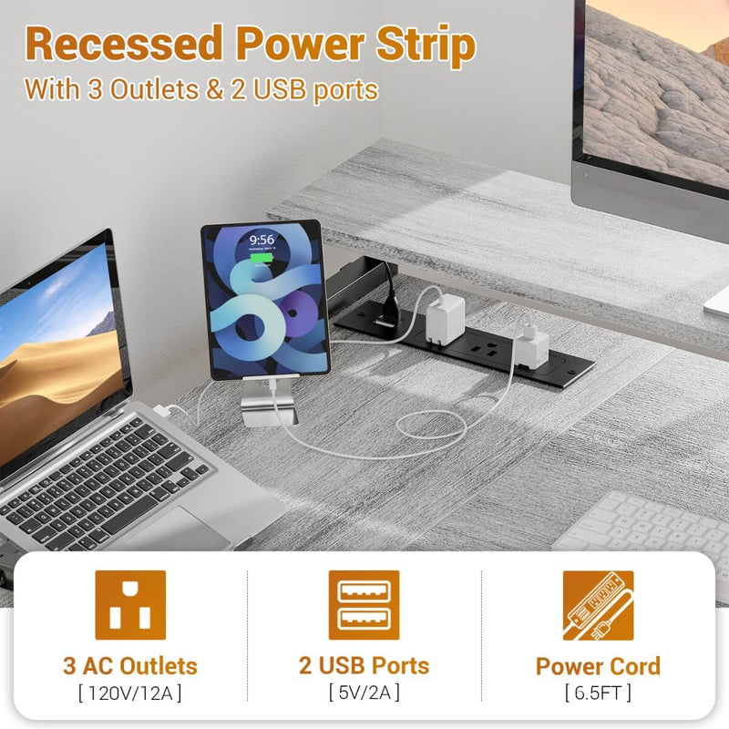 L Shaped Desk with File Drawers, Power Outlets & LED Strip, Reversible