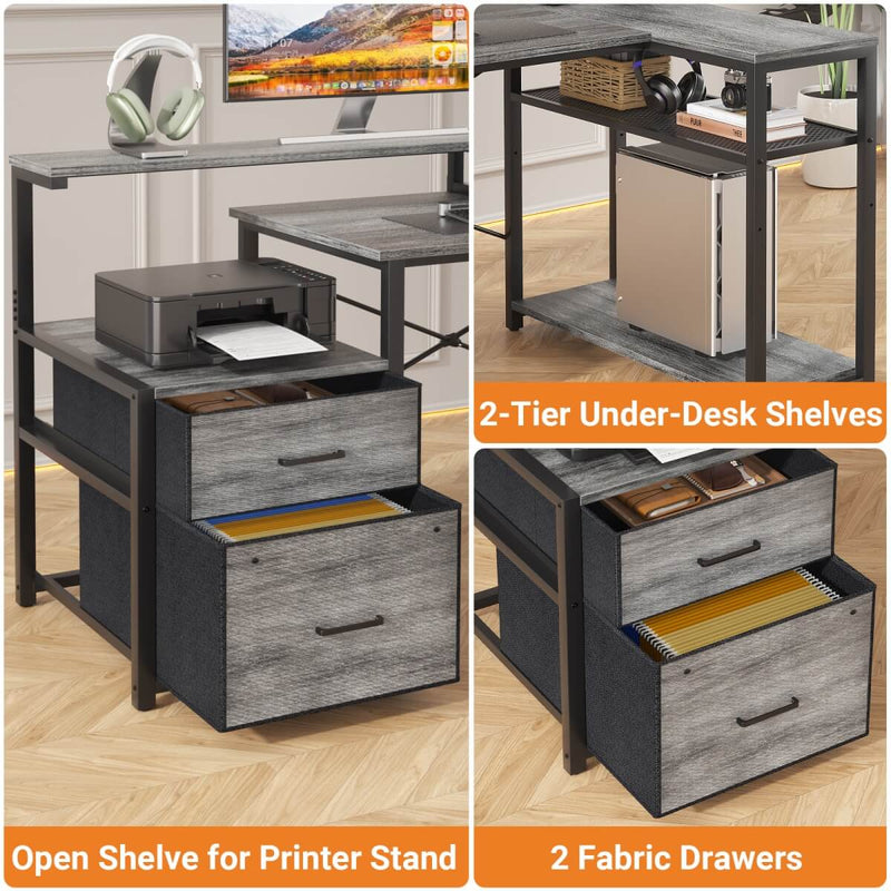 L Shaped Desk with File Drawers, Power Outlets & LED Strip, Reversible