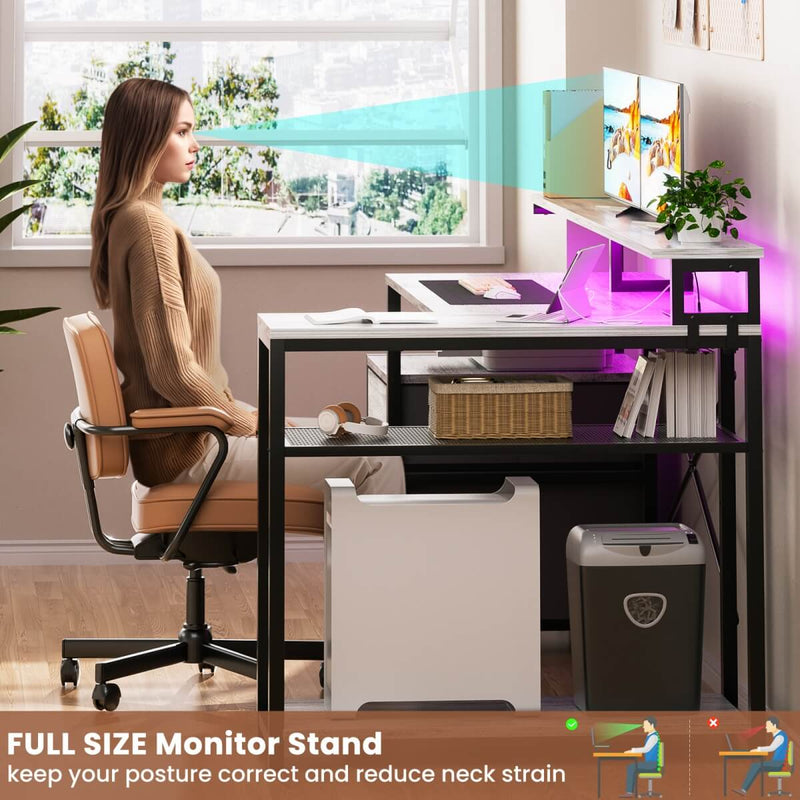L Shaped Desk with File Drawers, Power Outlets & LED Strip, Reversible