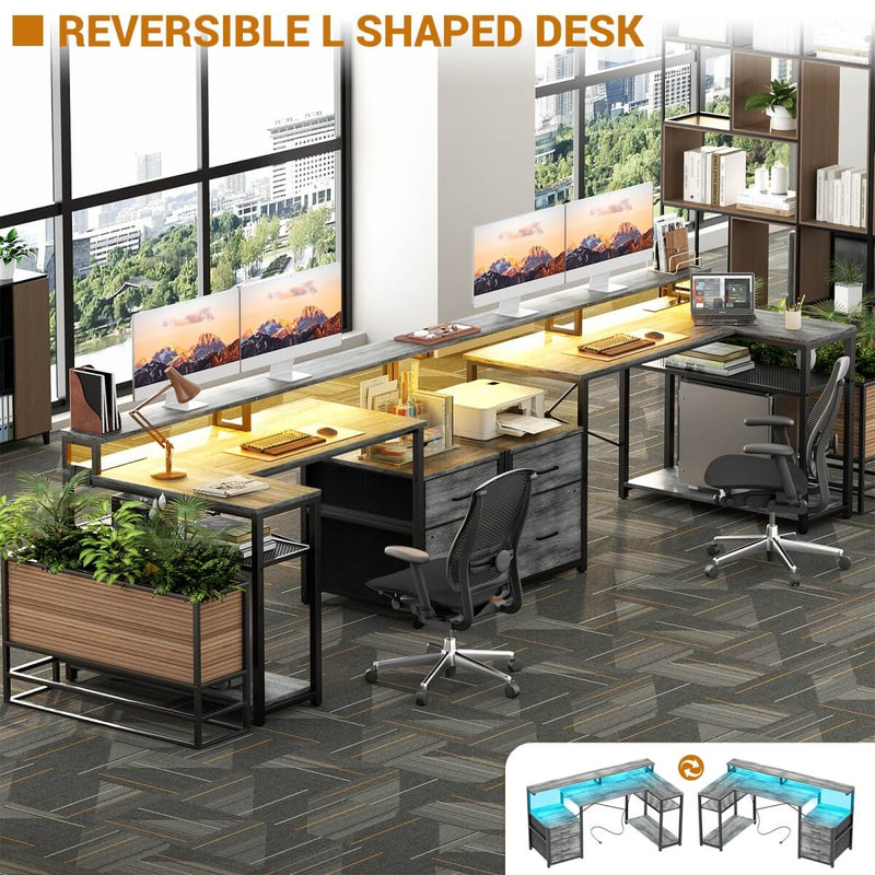 L Shaped Desk with File Drawers, Power Outlets & LED Strip, Reversible