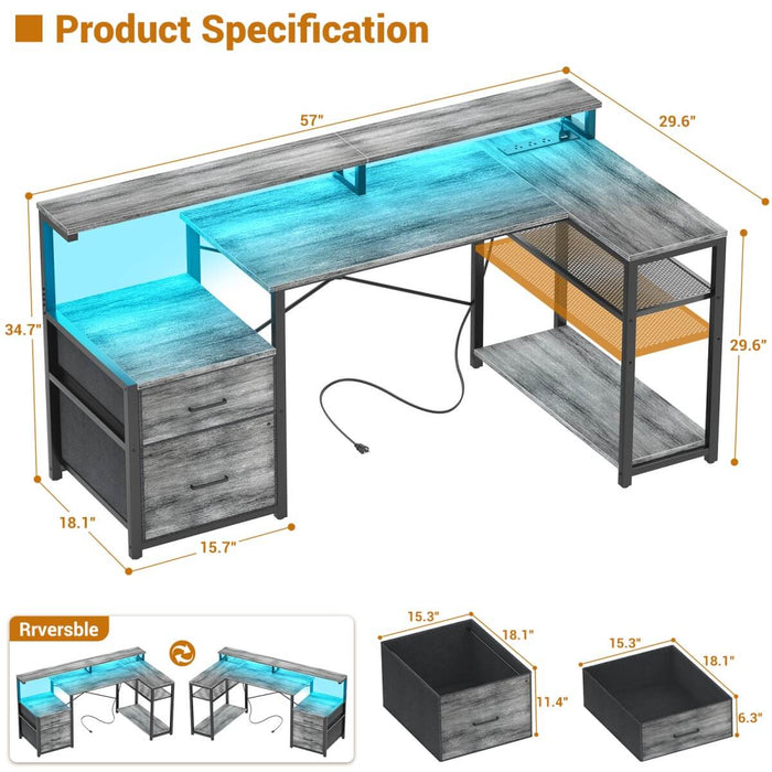 L Shaped Desk with File Drawers, Power Outlets & LED Strip, Reversible