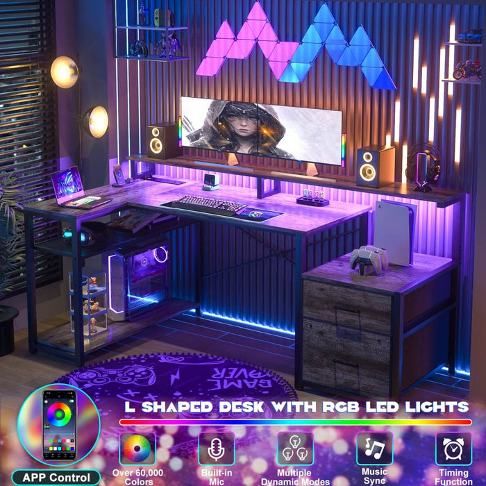 L Shaped Desk with File Drawers, Power Outlets & LED Strip, Reversible