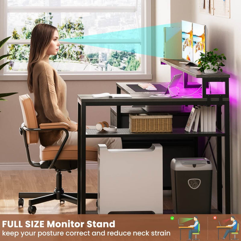 L Shaped Desk with File Drawers, Power Outlets & LED Strip, Reversible