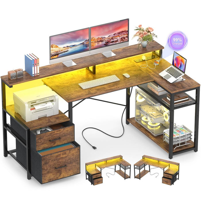 L Shaped Desk with File Drawers, Power Outlets & LED Strip, Reversible