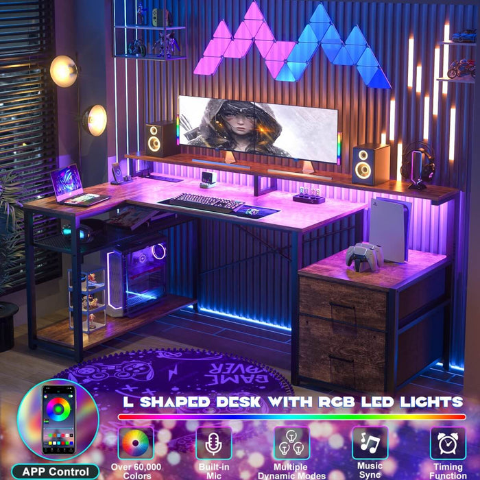 L Shaped Desk with File Drawers, Power Outlets & LED Strip, Reversible