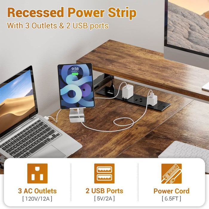L Shaped Desk with File Drawers, Power Outlets & LED Strip, Reversible