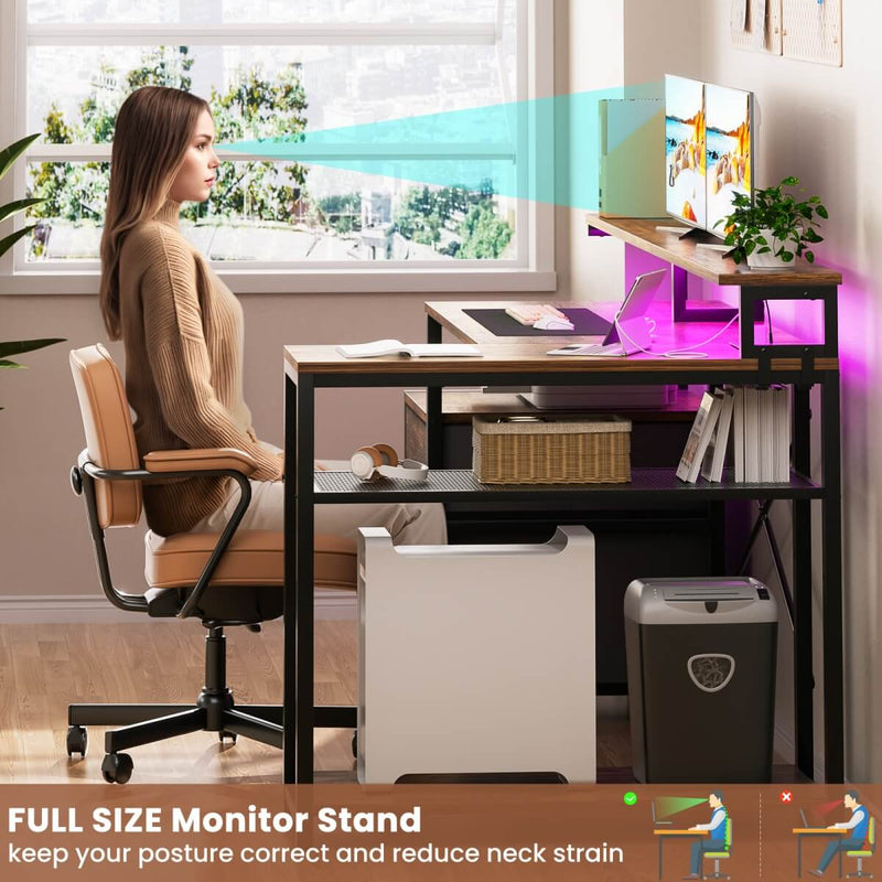 L Shaped Desk with File Drawers, Power Outlets & LED Strip, Reversible