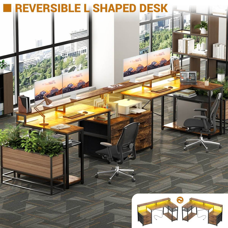 L Shaped Desk with File Drawers, Power Outlets & LED Strip, Reversible