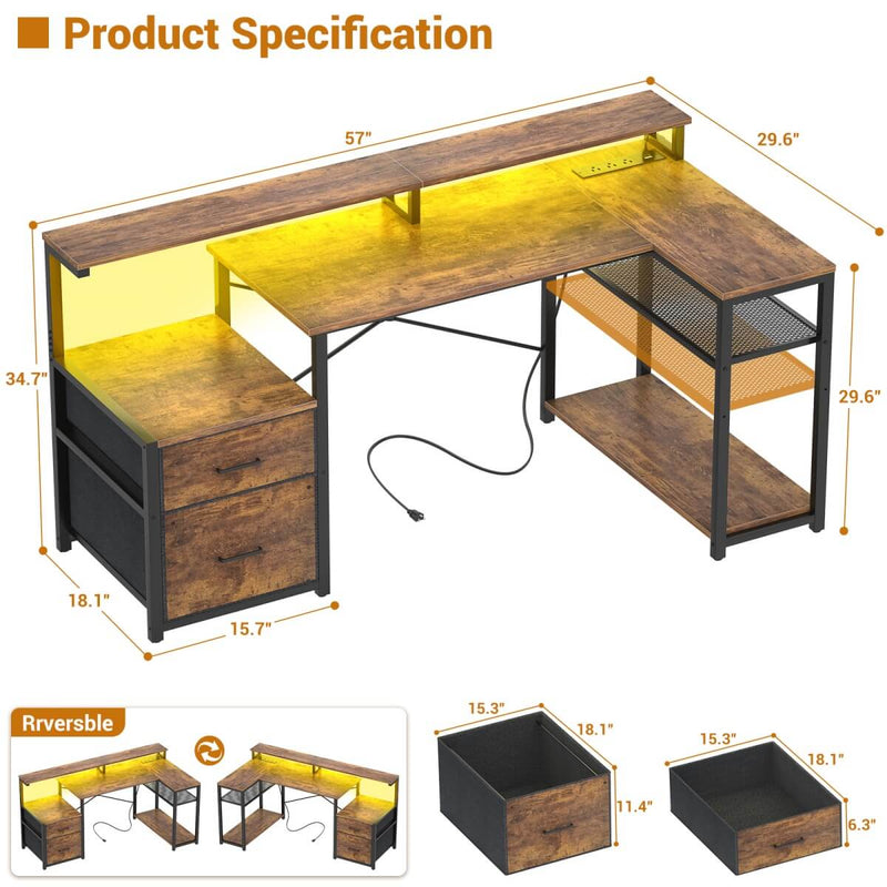 L Shaped Desk with File Drawers, Power Outlets & LED Strip, Reversible