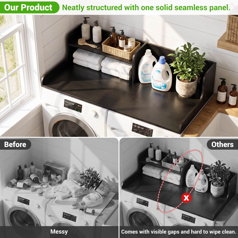 Washer Dryer Countertop with 2-Tier Storage Shelf, 54" x 27.5" Laundry Wood Shelf Topper, Laundry Room Organizer with Non-Slip Pads