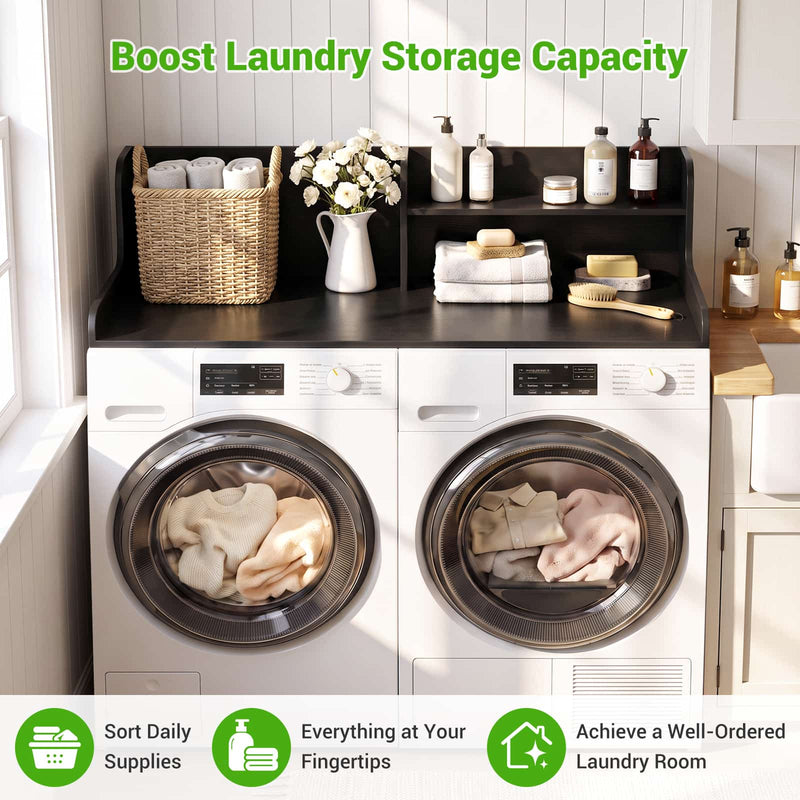 Washer Dryer Countertop with 2-Tier Storage Shelf, 54" x 27.5" Laundry Wood Shelf Topper, Laundry Room Organizer with Non-Slip Pads