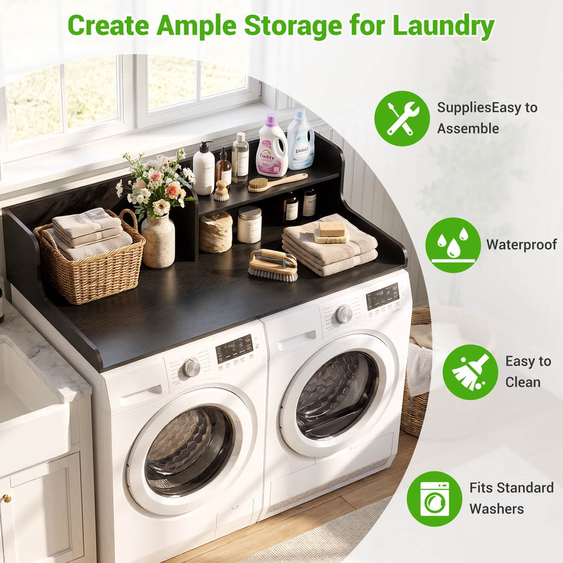Washer Dryer Countertop with 2-Tier Storage Shelf, 54" x 27.5" Laundry Wood Shelf Topper, Laundry Room Organizer with Non-Slip Pads