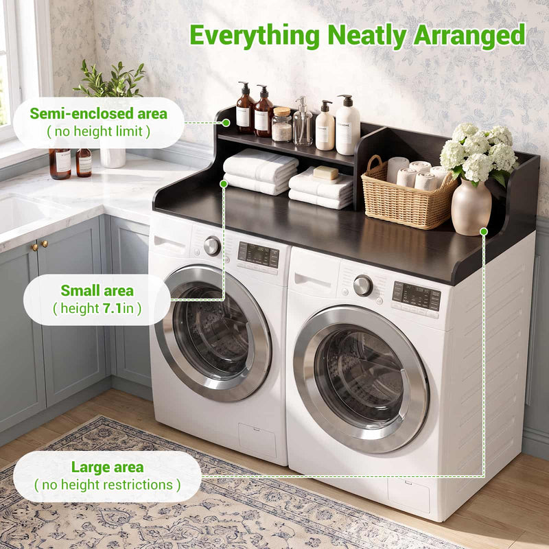 Washer Dryer Countertop with 2-Tier Storage Shelf, 54" x 27.5" Laundry Wood Shelf Topper, Laundry Room Organizer with Non-Slip Pads