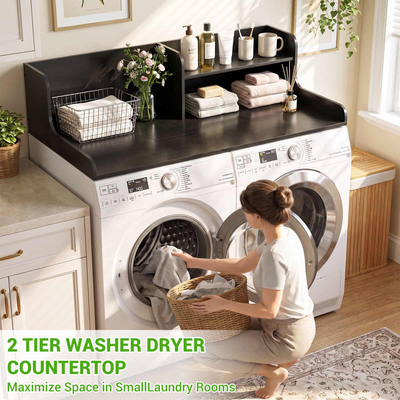 Washer Dryer Countertop with 2-Tier Storage Shelf, 54" x 27.5" Laundry Wood Shelf Topper, Laundry Room Organizer with Non-Slip Pads