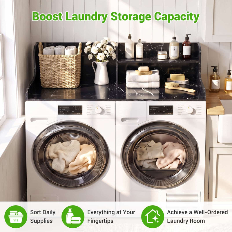 Washer Dryer Countertop with 2-Tier Storage Shelf, 54" x 27.5" Laundry Wood Shelf Topper, Laundry Room Organizer with Non-Slip Pads