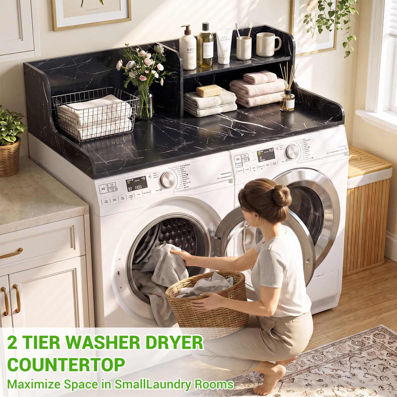Washer Dryer Countertop with 2-Tier Storage Shelf, 54" x 27.5" Laundry Wood Shelf Topper, Laundry Room Organizer with Non-Slip Pads