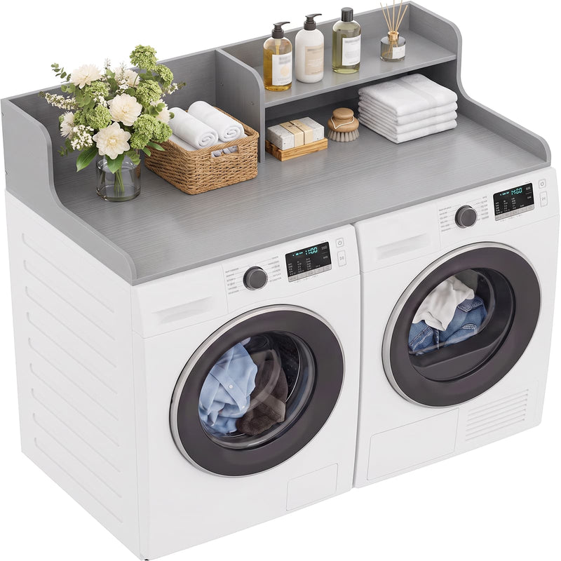 Washer Dryer Countertop with 2-Tier Storage Shelf, 54" x 27.5" Laundry Wood Shelf Topper, Laundry Room Organizer with Non-Slip Pads