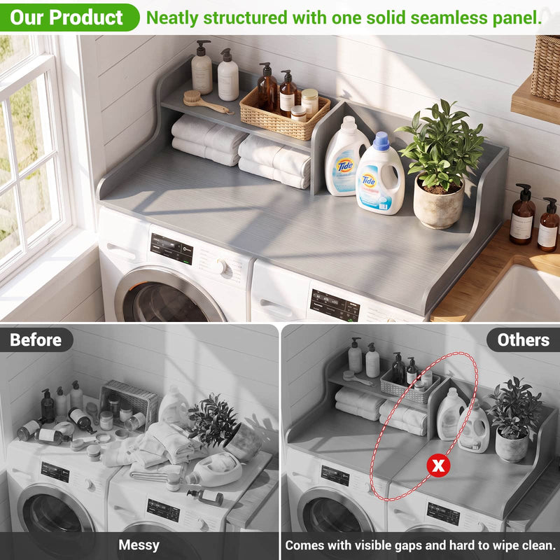 Washer Dryer Countertop with 2-Tier Storage Shelf, 54" x 27.5" Laundry Wood Shelf Topper, Laundry Room Organizer with Non-Slip Pads