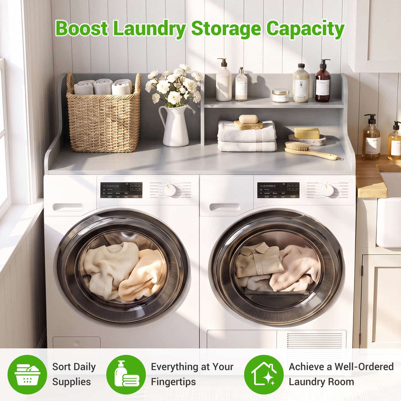 Washer Dryer Countertop with 2-Tier Storage Shelf, 54" x 27.5" Laundry Wood Shelf Topper, Laundry Room Organizer with Non-Slip Pads