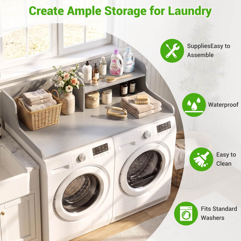 Washer Dryer Countertop with 2-Tier Storage Shelf, 54" x 27.5" Laundry Wood Shelf Topper, Laundry Room Organizer with Non-Slip Pads