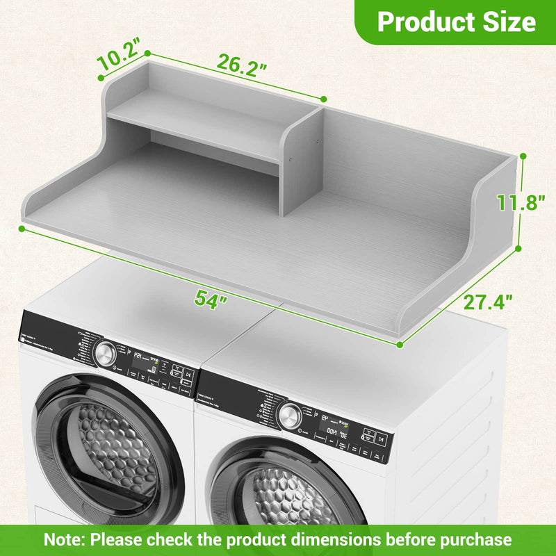 Washer Dryer Countertop with 2-Tier Storage Shelf, 54" x 27.5" Laundry Wood Shelf Topper, Laundry Room Organizer with Non-Slip Pads