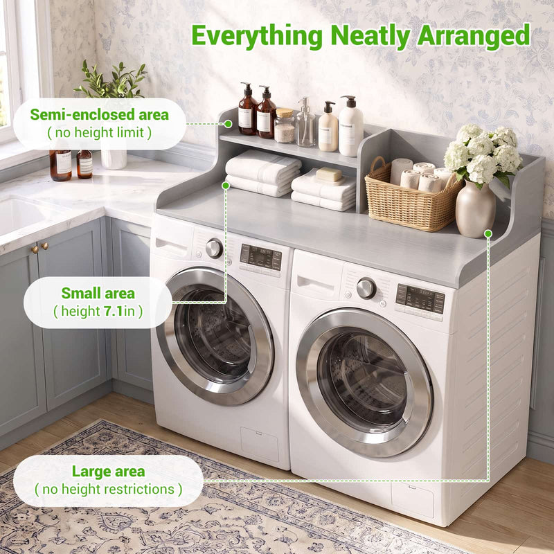 Washer Dryer Countertop with 2-Tier Storage Shelf, 54" x 27.5" Laundry Wood Shelf Topper, Laundry Room Organizer with Non-Slip Pads