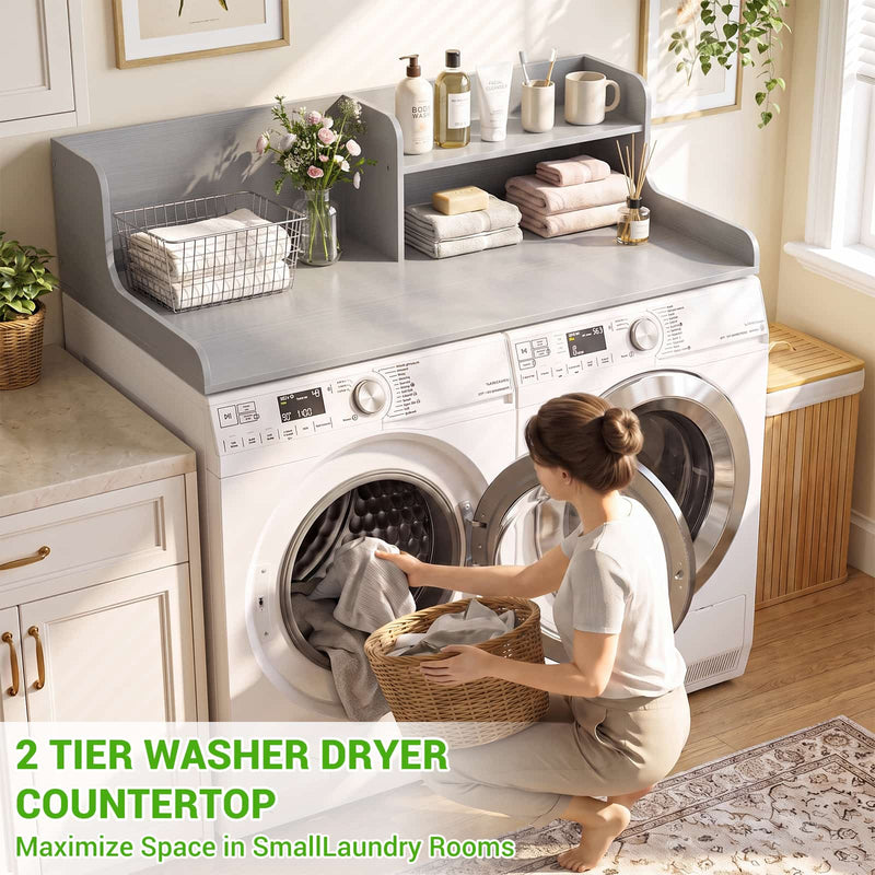 Washer Dryer Countertop with 2-Tier Storage Shelf, 54" x 27.5" Laundry Wood Shelf Topper, Laundry Room Organizer with Non-Slip Pads