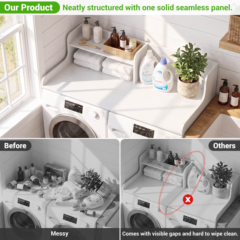 Washer Dryer Countertop with 2-Tier Storage Shelf, 54" x 27.5" Laundry Wood Shelf Topper, Laundry Room Organizer with Non-Slip Pads