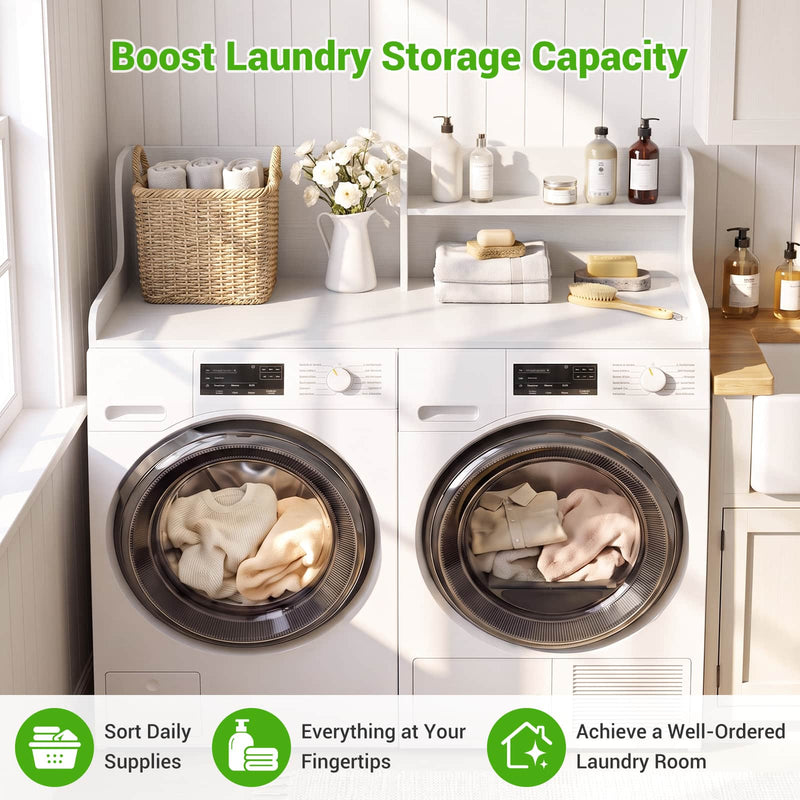 Washer Dryer Countertop with 2-Tier Storage Shelf, 54" x 27.5" Laundry Wood Shelf Topper, Laundry Room Organizer with Non-Slip Pads