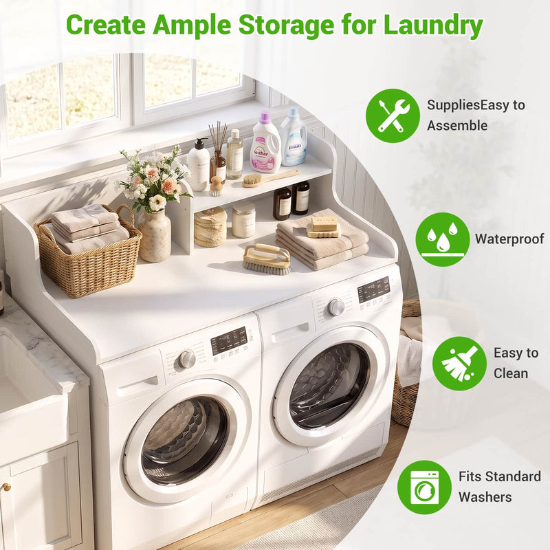 Washer Dryer Countertop with 2-Tier Storage Shelf, 54" x 27.5" Laundry Wood Shelf Topper, Laundry Room Organizer with Non-Slip Pads