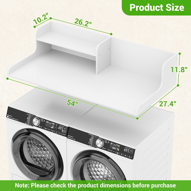 Washer Dryer Countertop with 2-Tier Storage Shelf, 54" x 27.5" Laundry Wood Shelf Topper, Laundry Room Organizer with Non-Slip Pads