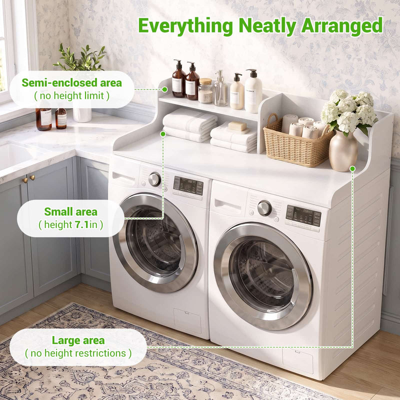 Washer Dryer Countertop with 2-Tier Storage Shelf, 54" x 27.5" Laundry Wood Shelf Topper, Laundry Room Organizer with Non-Slip Pads