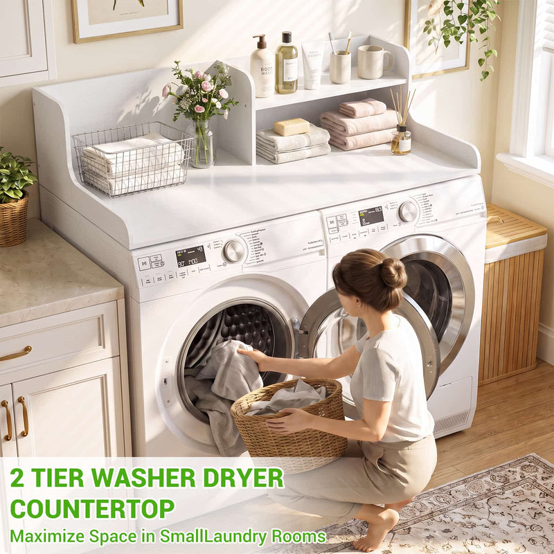 Washer Dryer Countertop with 2-Tier Storage Shelf, 54" x 27.5" Laundry Wood Shelf Topper, Laundry Room Organizer with Non-Slip Pads