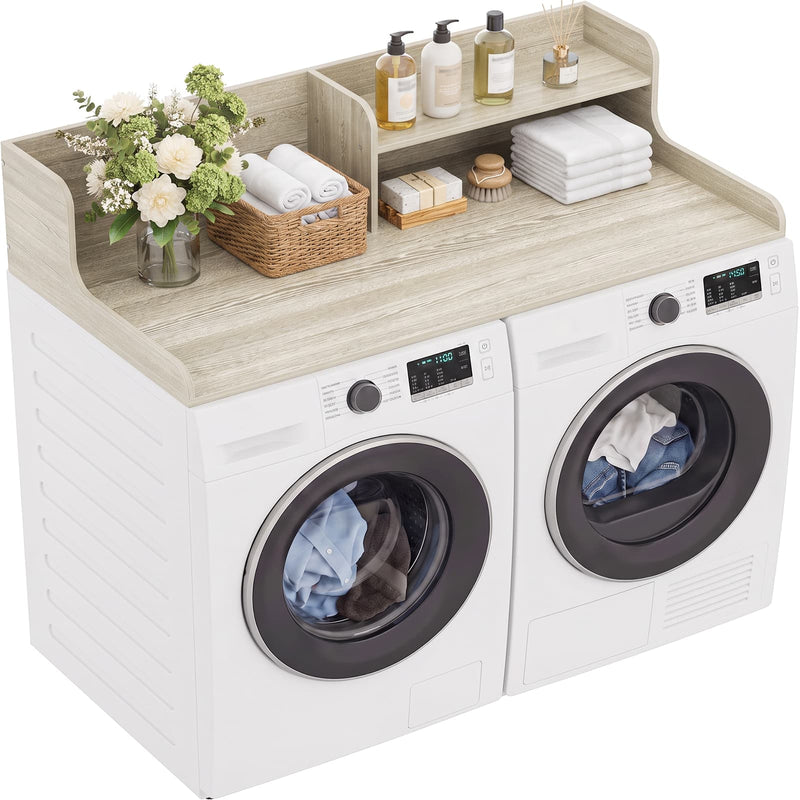 Washer Dryer Countertop with 2-Tier Storage Shelf, 54" x 27.5" Laundry Wood Shelf Topper, Laundry Room Organizer with Non-Slip Pads